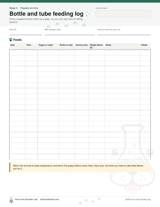 Bottle and tube feeding log preview